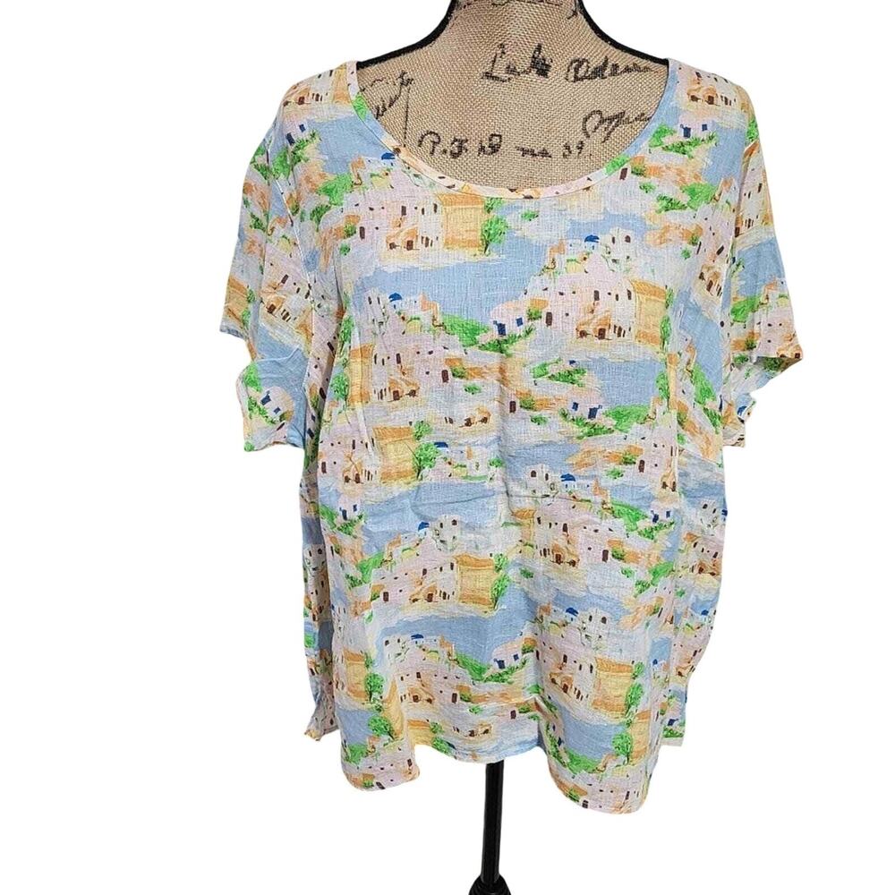 Cynthia Rowley Womens 2X Linen Top Mediterranean Village Print Short Sleeve New